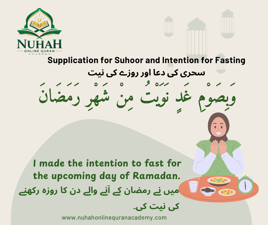 Dua for Suhoor & Intention to Fast (سحری کی دعا اور روزے کی نیت) in Arabic with English and Urdu translation