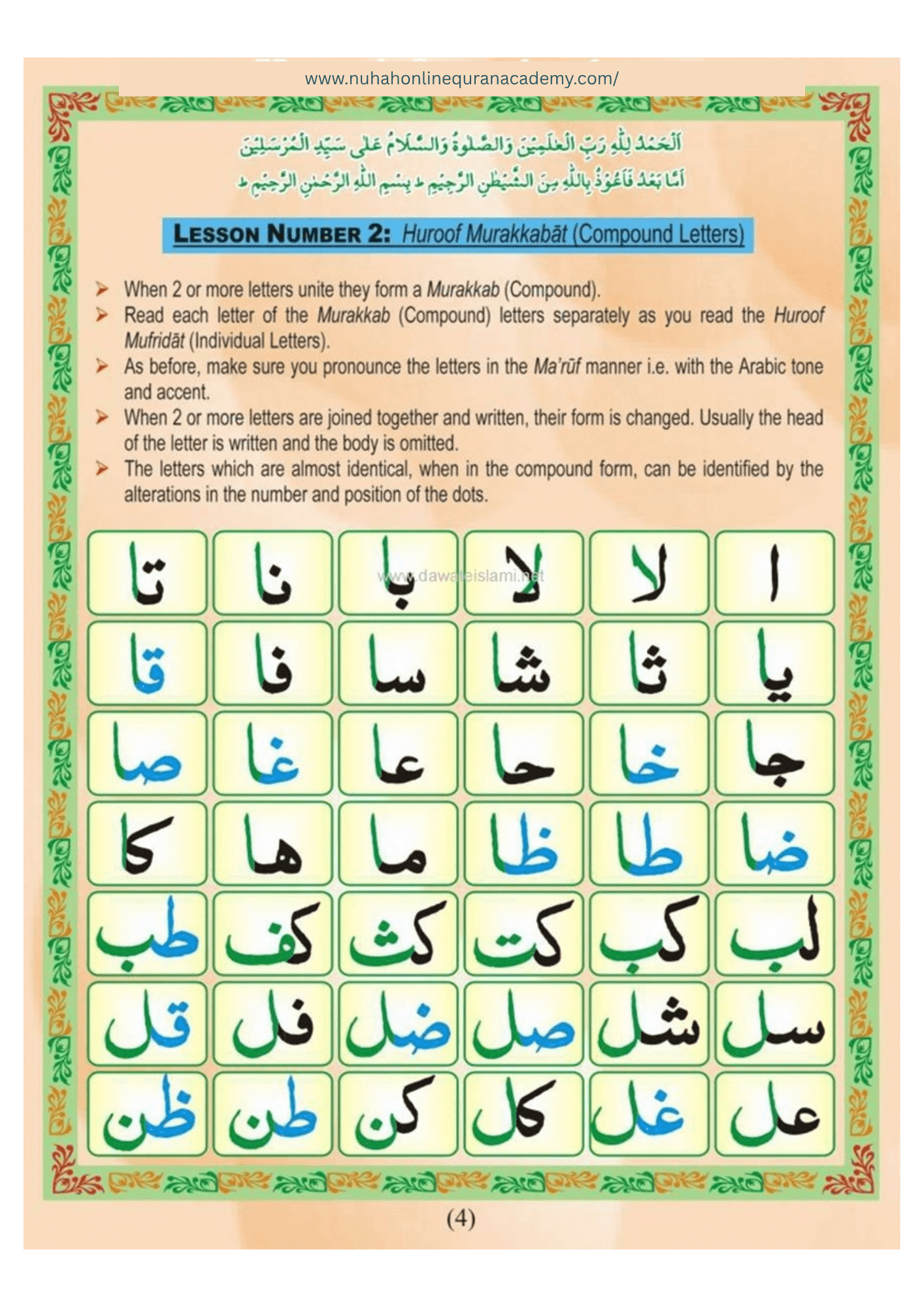 Norani Qaida page 5 — Urdu with colour-coded Tajweed