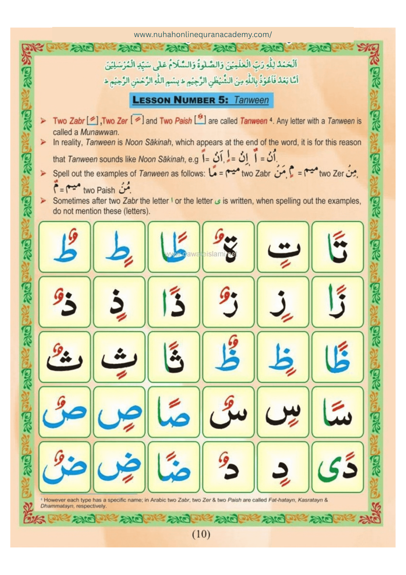 Norani Qaida page 11 — Urdu with colour-coded Tajweed