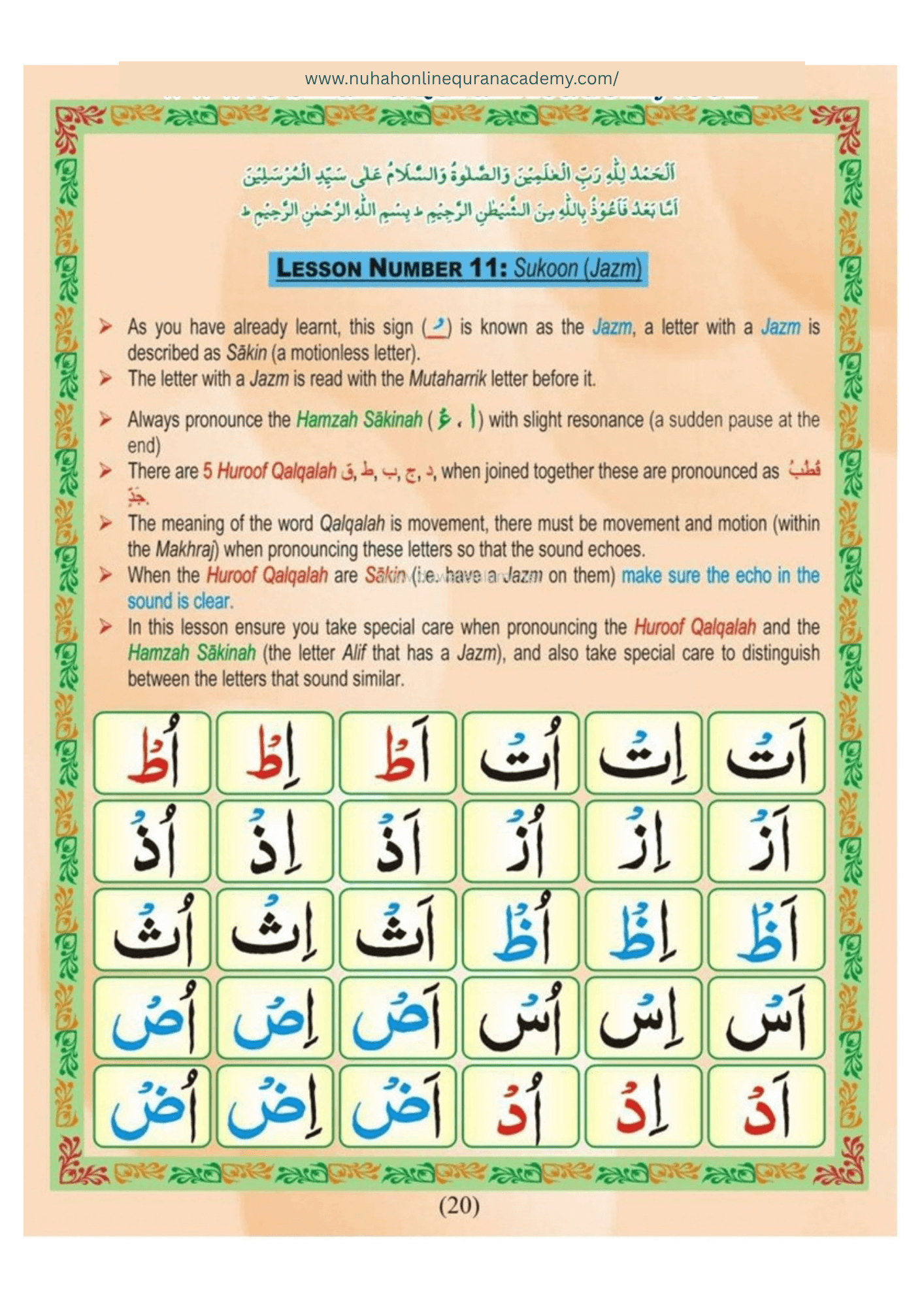 Norani Qaida page 21 — Urdu with colour-coded Tajweed