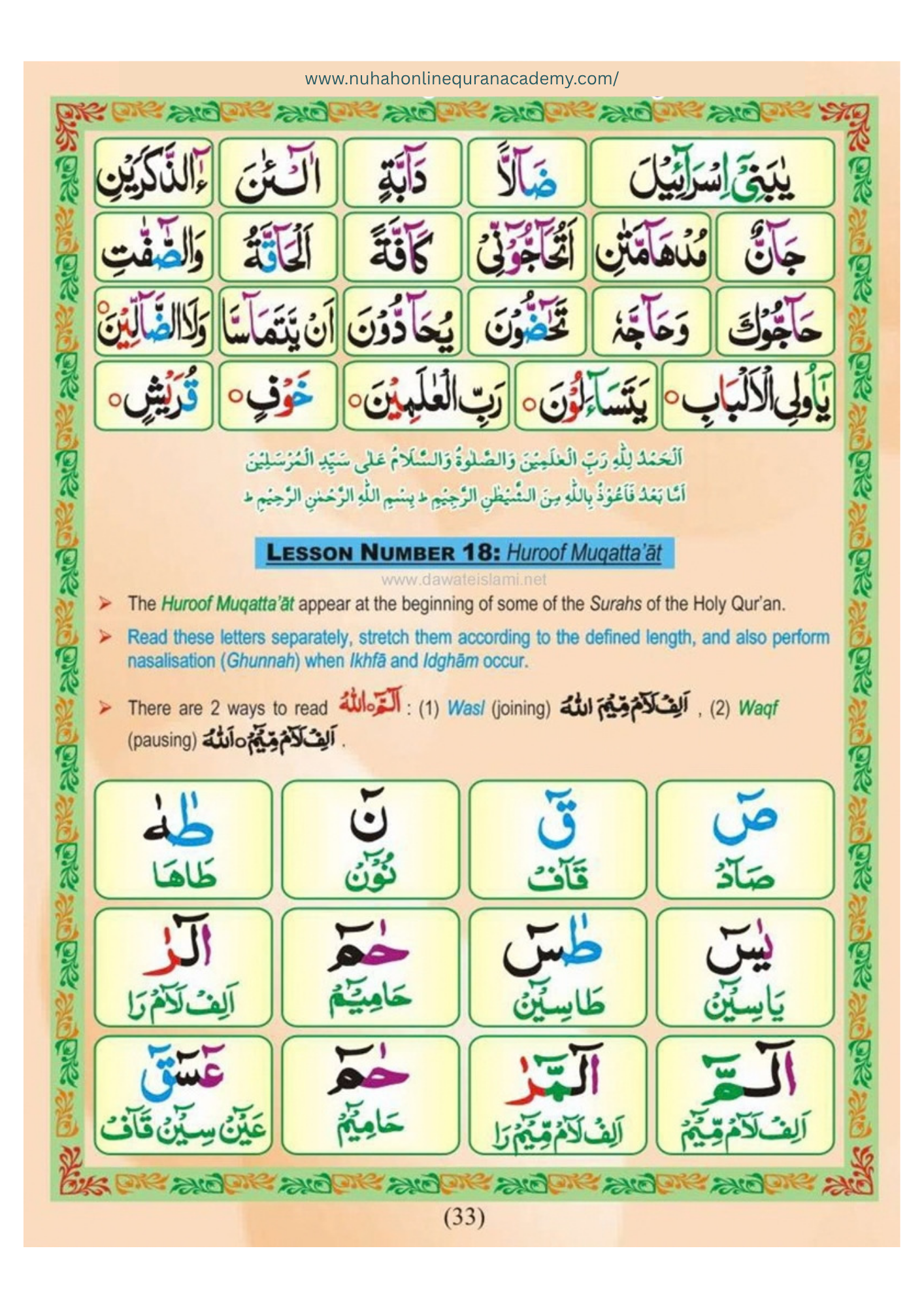 Norani Qaida page 34 — Urdu with colour-coded Tajweed